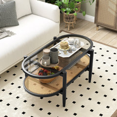 2-Tier Coffee Table with Tempered Glass Top and Acacia Wood Frame, Black