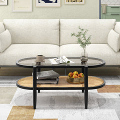 2-Tier Coffee Table with Tempered Glass Top and Acacia Wood Frame, Black