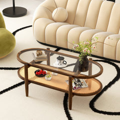 2-Tier Coffee Table with Tempered Glass Top and Acacia Wood Frame, Brown
