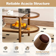 2-Tier Coffee Table with Tempered Glass Top and Acacia Wood Frame, Brown