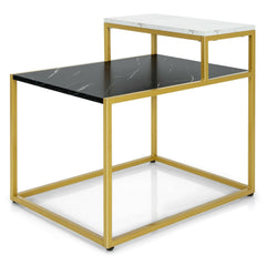 2 Tier Stepped Side Table with Gold Metal Frame and Marble Look Tops