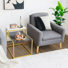 2 Tier Stepped Side Table with Gold Metal Frame and Marble Look Tops