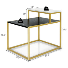 2 Tier Stepped Side Table with Gold Metal Frame and Marble Look Tops