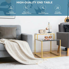 2 Tier Stepped Side Table with Gold Metal Frame and Marble Look Tops