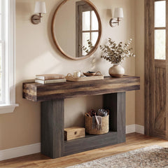 2-Tier Farmhouse Console Table 63 inches Long with Storage Shelf-Rustic Brown