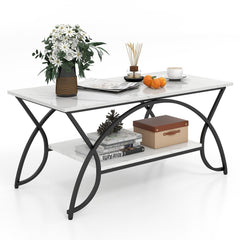 2-Tier Faux Marble Coffee Table with Arched Black Metal Frame, 39.5 Inches