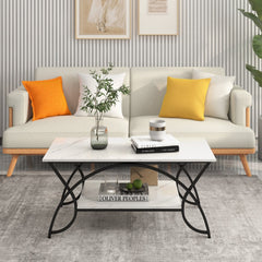 2-Tier Faux Marble Coffee Table with Arched Black Metal Frame, 39.5 Inches