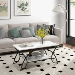 2-Tier Faux Marble Coffee Table with Arched Black Metal Frame, 39.5 Inches