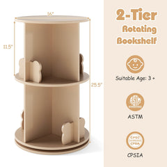 2 Tier Freestanding Kids Rotating Bookshelf Storage Rack with Bear Baffles-Natural