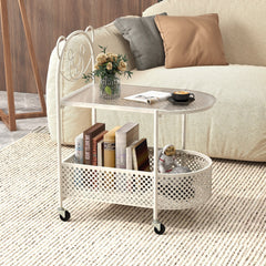 2-Tier Mobile Glass Coffee Table with Bear Pattern, White