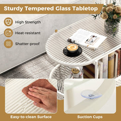 2-Tier Mobile Glass Coffee Table with Bear Pattern, White