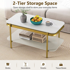 2-Tier Modern Rectangular Coffee Table with Sintered Stone Top-White