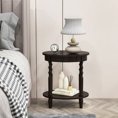 2-Tier Oval Side Table with Storage Shelf and Solid Wood Legs, Espresso
