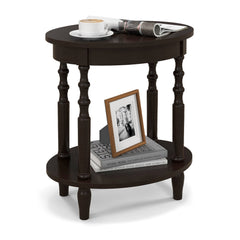2-Tier Oval Side Table with Storage Shelf and Solid Wood Legs, Espresso