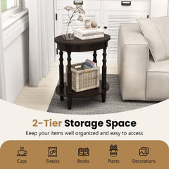 2-Tier Oval Side Table with Storage Shelf and Solid Wood Legs, Espresso