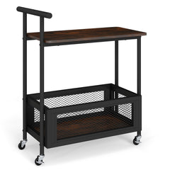 2-Tier Rolling End Table with Handle and Mesh Basket-Rustic Brown