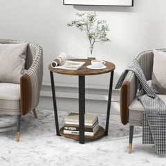 2 Tier Round End Table with Removable Lower Tray and Metal Frame, Walnut
