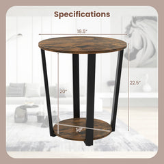 2 Tier Round End Table with Removable Lower Tray and Metal Frame, Walnut