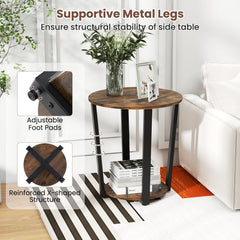 2 Tier Round End Table with Removable Lower Tray and Metal Frame, Walnut