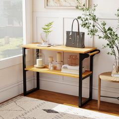 2-Tier Solid Teak Wood Bathroom Shelf with Towel Rack