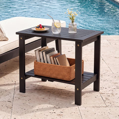 2-Tier Wood Patio End Table with Slatted Tabletop and Storage Shelf for Backyard-Black