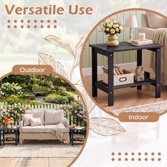 2-Tier Wood Patio End Table with Slatted Tabletop and Storage Shelf for Backyard-Black