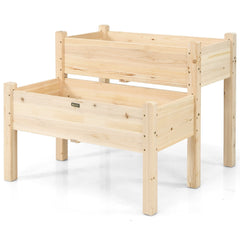 2 Tier Elevated Wooden Planter Box with Legs, Natural Fir Raised Garden Bed with Drain Holes