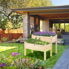 2 Tier Elevated Wooden Planter Box with Legs, Natural Fir Raised Garden Bed with Drain Holes