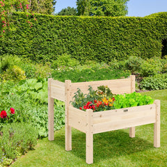 2 Tier Elevated Wooden Planter Box with Legs, Natural Fir Raised Garden Bed with Drain Holes
