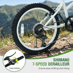20 Inch Kids Mountain Bike with Shimano 7 Speed and Suspension Fork, White