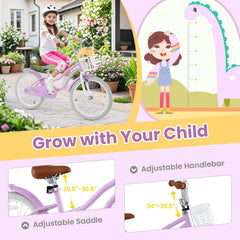 20 Inch Kids Bike with Basket, Kickstand and Adjustable Seat, Purple