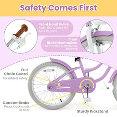 20 Inch Kids Bike with Basket, Kickstand and Adjustable Seat, Purple