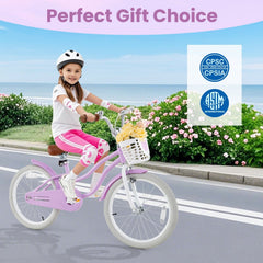 20 Inch Kids Bike with Basket, Kickstand and Adjustable Seat, Purple