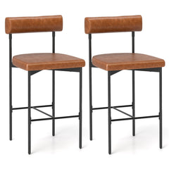 Set of 2 Bolster Back Counter Stools in Brown Faux Leather with Metal Frame, 26 Inch Seat