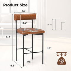 Set of 2 Bolster Back Counter Stools in Brown Faux Leather with Metal Frame, 26 Inch Seat
