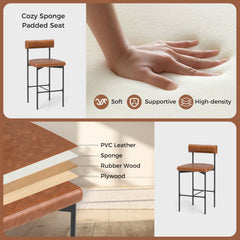 Set of 2 Bolster Back Counter Stools in Brown Faux Leather with Metal Frame, 26 Inch Seat