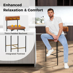 Set of 2 Bolster Back Counter Stools in Brown Faux Leather with Metal Frame, 26 Inch Seat