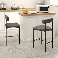 Set of 2 Bolster Back Counter Stools in Grey Faux Leather with Metal Frame, 26 Inch Seat