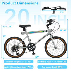20 Inch LED Lit Cycling Bike with Speakers and Shimano 6 Speed, Silver