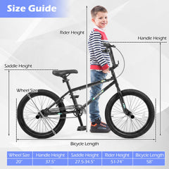 20 Inch Trick Bicycle with 270 Degree Handlebar and 4 Pegs, Black