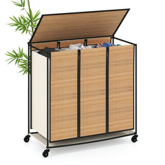 21.4 Gal Laundry Hamper with Lid 3-Section with 2 Lockable Wheels-Natural