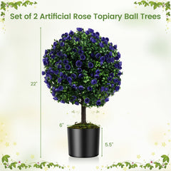 22 Inch Set of 2 Artificial Purple Rose Topiary Ball Trees with Cement-Filled Pot-Purple