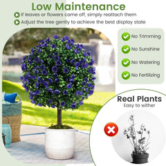 22 Inch Set of 2 Artificial Purple Rose Topiary Ball Trees with Cement-Filled Pot-Purple