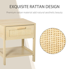 Narrow Nightstand with Rattan Elements, Bedside Table with Drawer and Storage Shelf for Bedroom, Natural