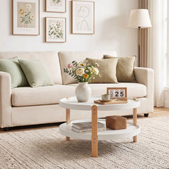 23.5 inches 2-Tier Round Coffee Table with Solid Wood Legs and Open Storage Shelf-White