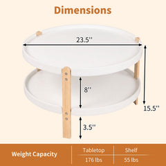 23.5 inches 2-Tier Round Coffee Table with Solid Wood Legs and Open Storage Shelf-White