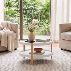 23.5 inches 2-Tier Round Coffee Table with Solid Wood Legs and Open Storage Shelf-White