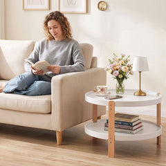23.5 inches 2-Tier Round Coffee Table with Solid Wood Legs and Open Storage Shelf-White