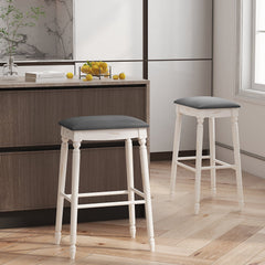 Set of 2 Backless Bar Stools with Antique White Turned Legs, 29 Inch Seat Height, Padded Top