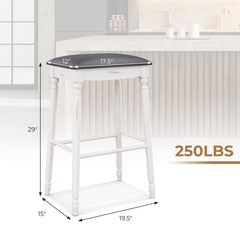 Set of 2 Backless Bar Stools with Antique White Turned Legs, 29 Inch Seat Height, Padded Top